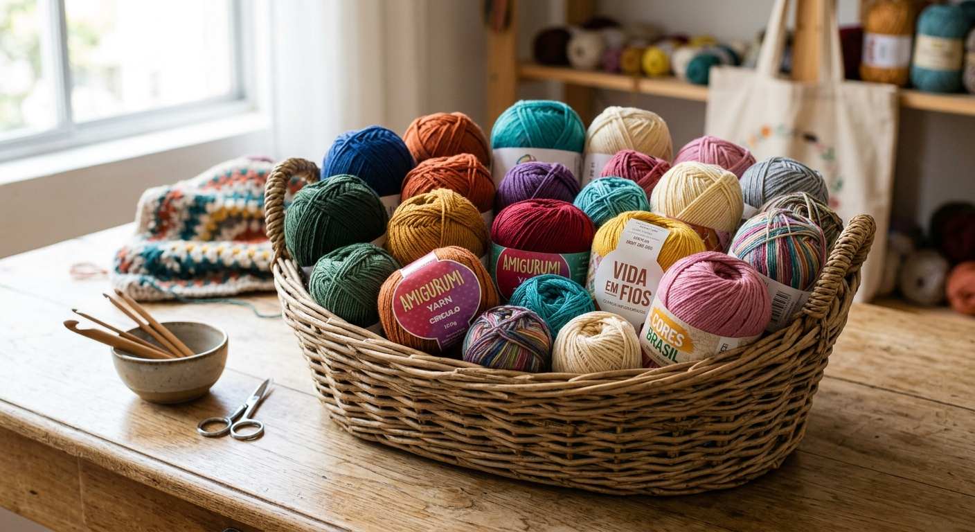 cesto com várias linhas coloridas sobre uma mesa de madeira